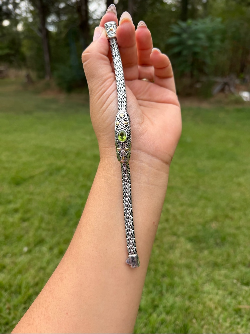 Vintage Samuel Benham 18k Gold Sterling Silver Peridot Foxtail Chain Bracelet